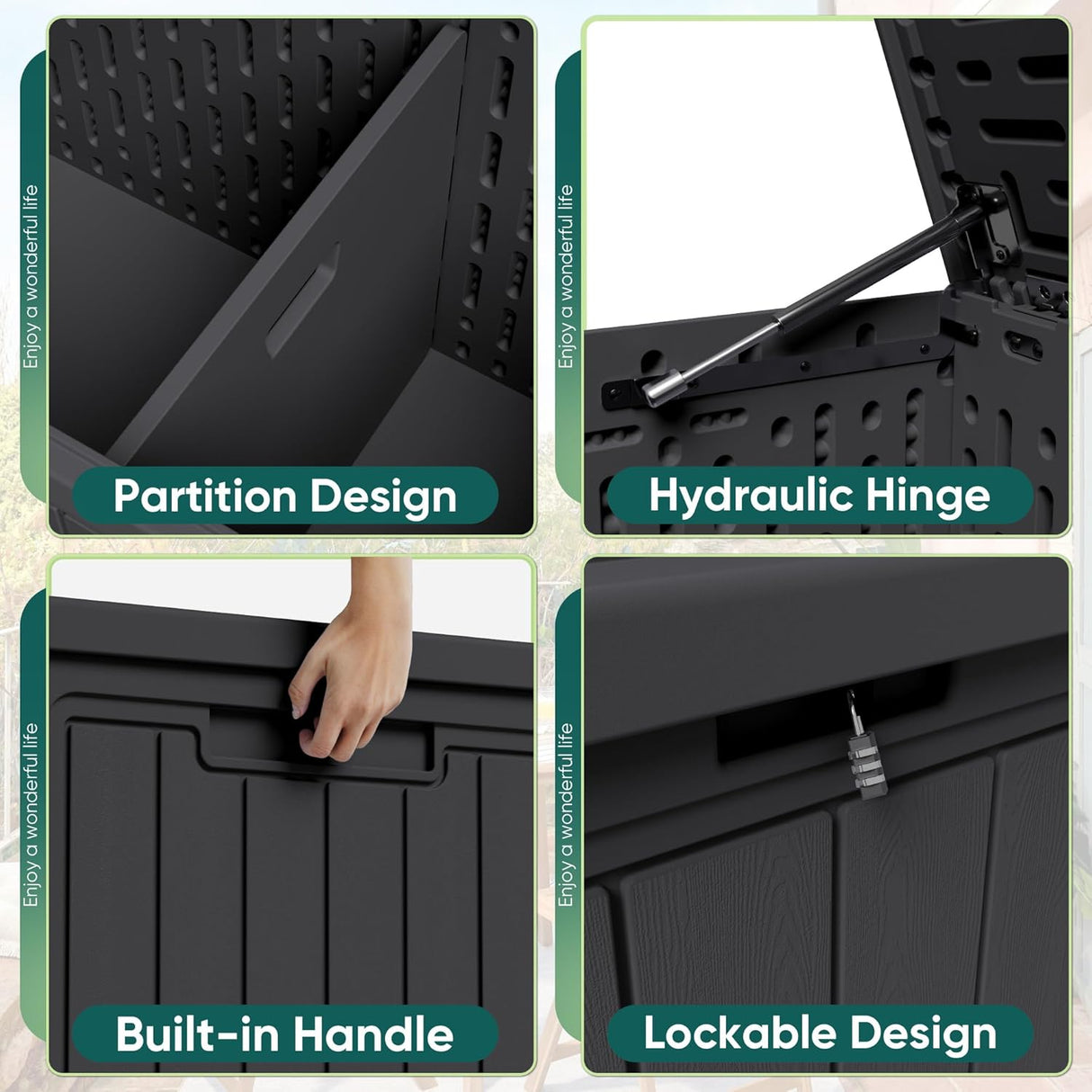 Patioslife outdoor resin deck box detail collage showing partition design, hydraulic hinge, side handle, and lockable lid for organized outdoor storage