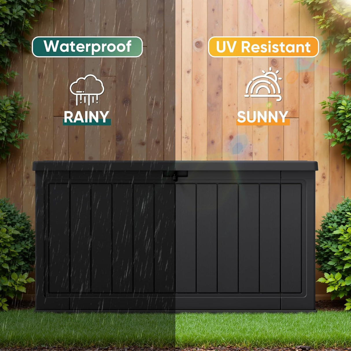 Patioslife outdoor resin deck box weatherproof feature graphic showing waterproof protection in rainy conditions and UV resistant performance in sunny weather