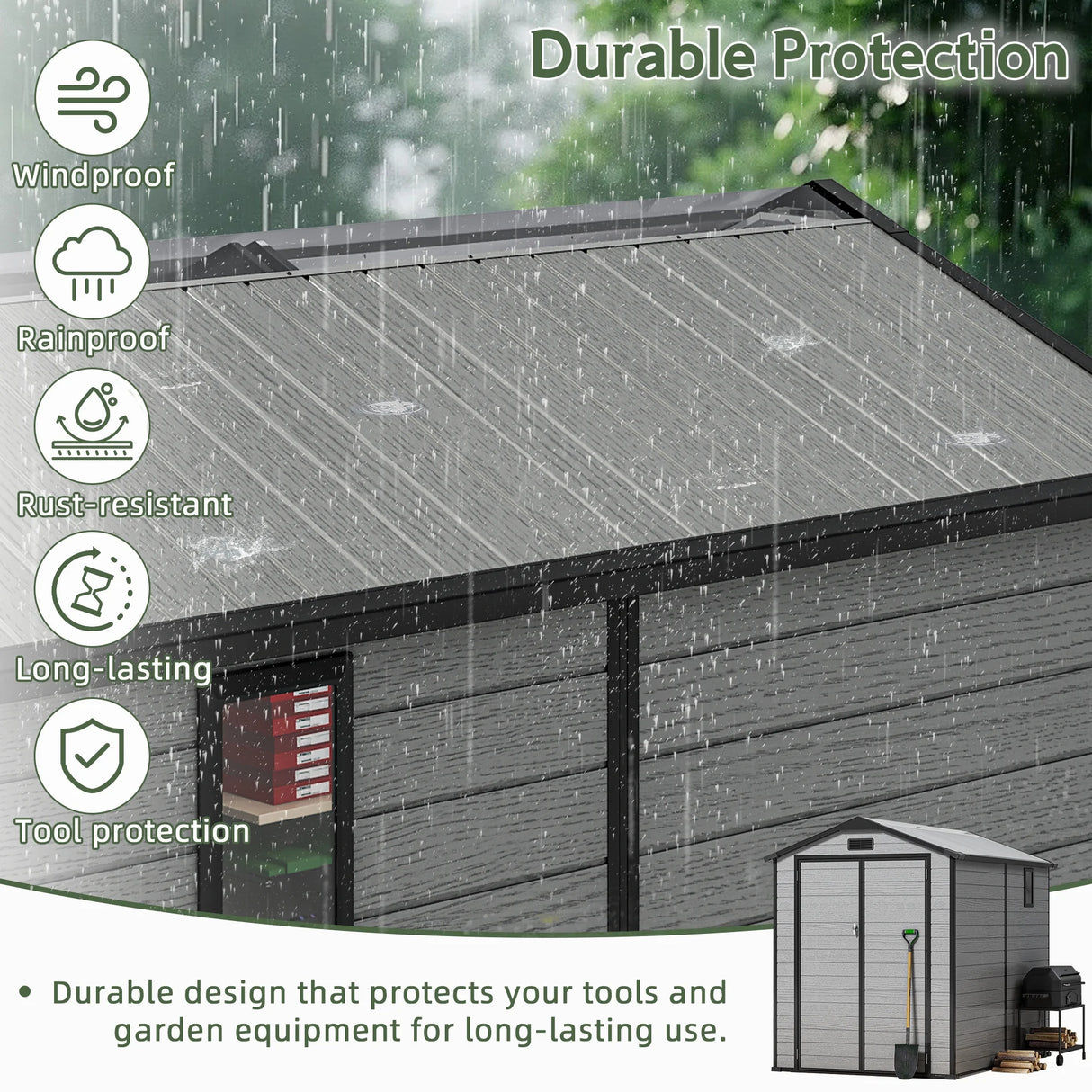 Patioslife YardVault resin storage shed roof showing rainproof, windproof, rust-resistant and long-lasting tool protection