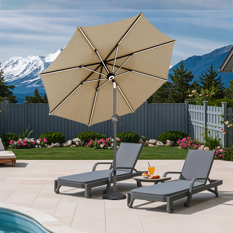 Patioslife 8ft tan patio umbrella shading lounge chairs in a backyard with mountain view and garden fence