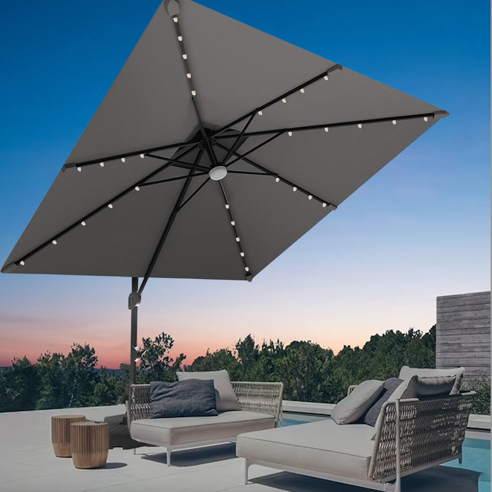 Gray patio umbrella with LED lights ,patioslife,Poolside,Outdoor Leisure Area,Outdoor Kitchen or Dining Area,Garden Pathway,Rooftop Terrace,Sun Shading & Light Contro,Space Definition,LED