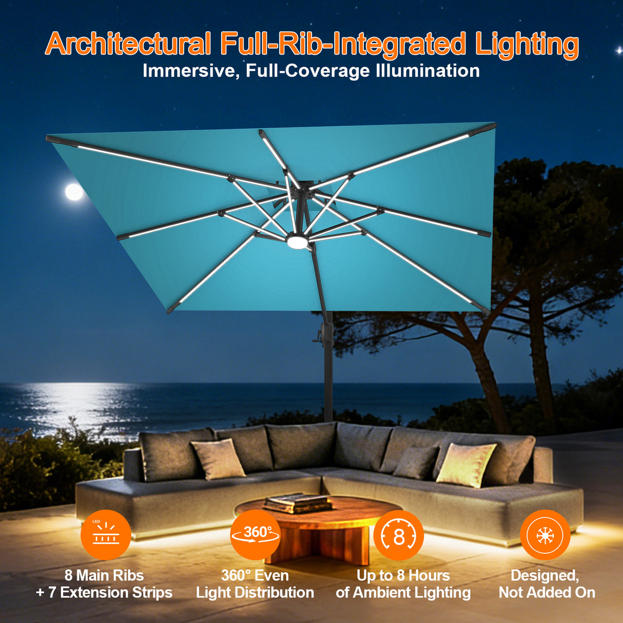Patioslife Aegis Premium Cantilever Umbrella with Full-Rib LED Strip Lighting, Fibreglass Ribs and Powder-Coated Aluminium Pole for Luxury Garden & Patio Shade
