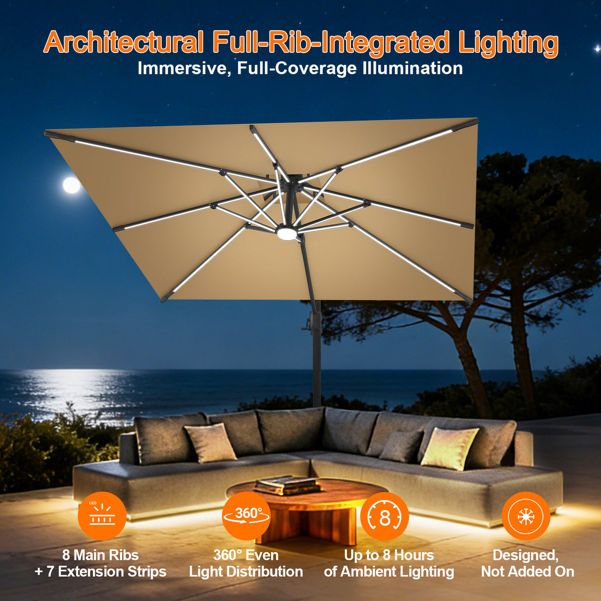 Patioslife Aegis Premium Cantilever Umbrella with Full-Rib LED Strip Lighting, Fibreglass Ribs and Powder-Coated Aluminium Pole for Luxury Garden & Patio Shade