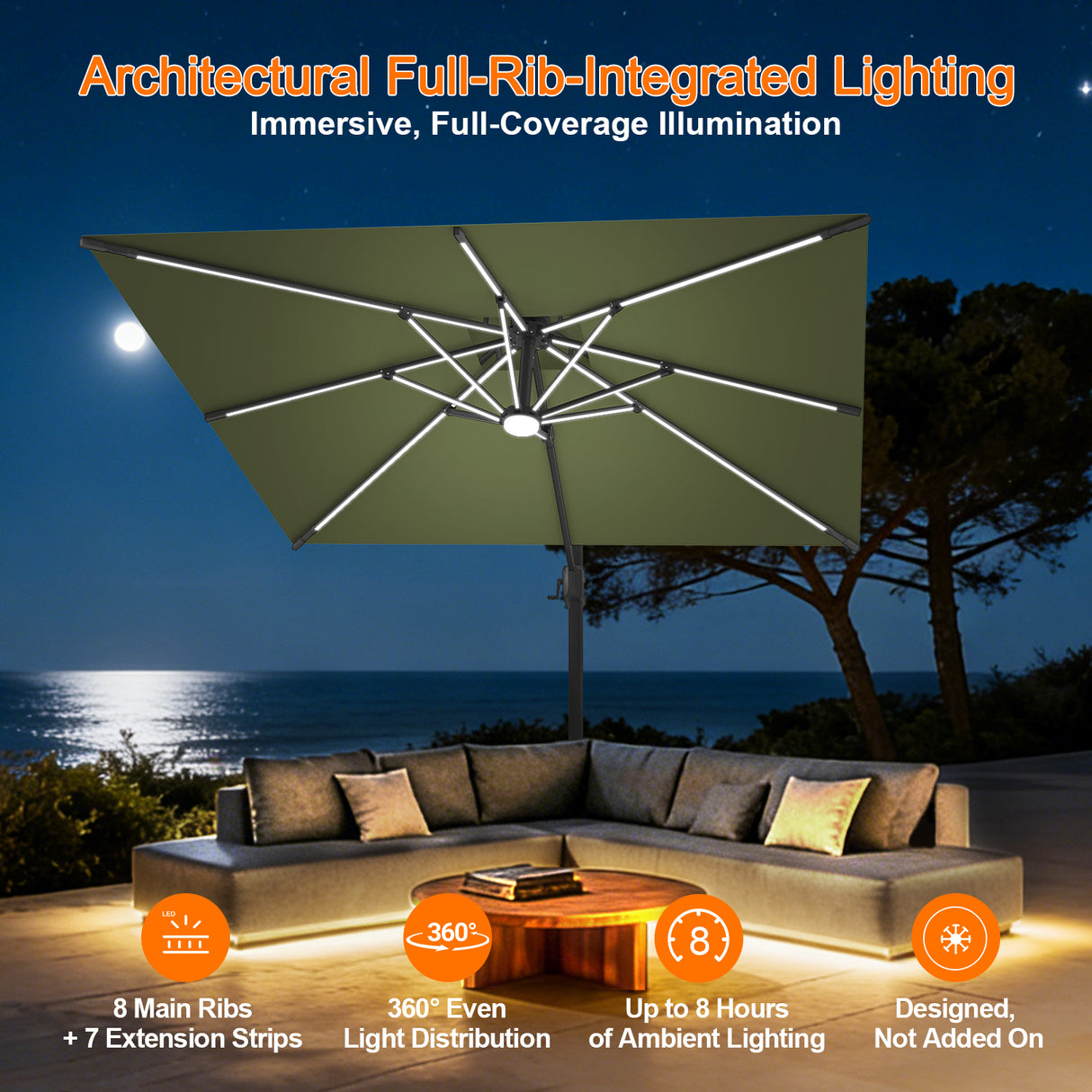 Patioslife Aegis Premium Cantilever Umbrella with Full-Rib LED Strip Lighting, Fibreglass Ribs and Powder-Coated Aluminium Pole for Luxury Garden & Patio Shade