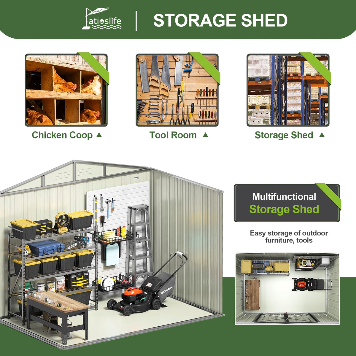 Patioslife Galvanized Steel Garden Shed, Outdoor Storage Shed with Gable Roof, Backyard Tool Shed for Lawn Equipment, Bikes & Gardening Tools