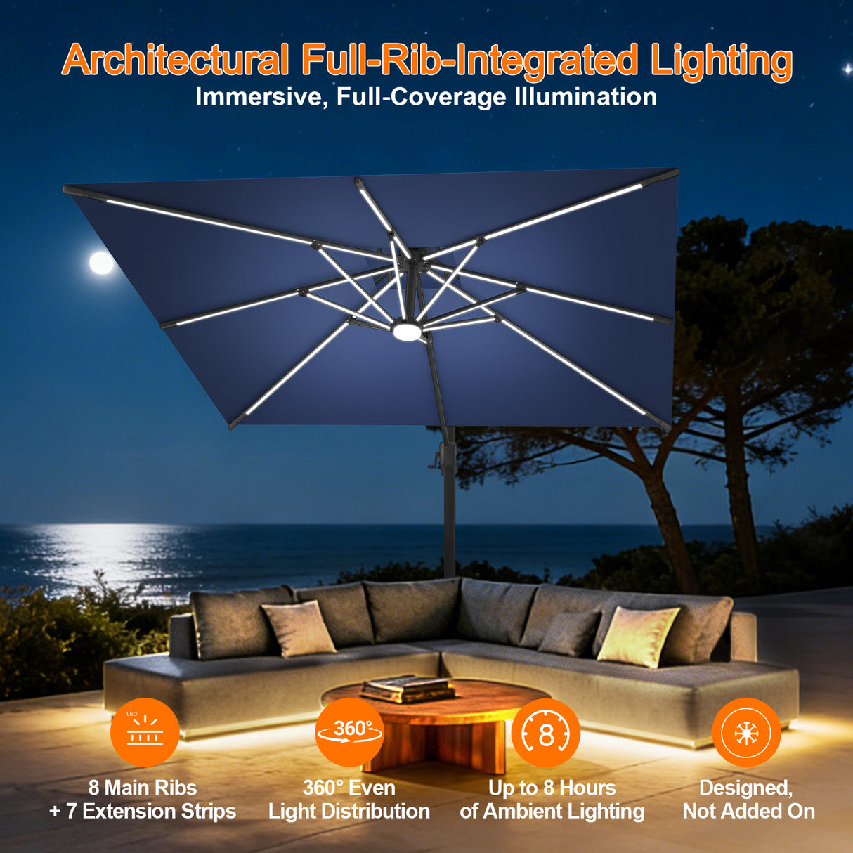 Patioslife Aegis Premium Cantilever Umbrella with Full-Rib LED Strip Lighting, Fibreglass Ribs and Powder-Coated Aluminium Pole for Luxury Garden & Patio Shade