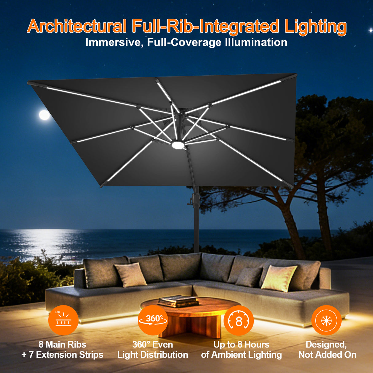 Patioslife Aegis Premium Cantilever Umbrella with Full-Rib LED Strip Lighting, Fibreglass Ribs and Powder-Coated Aluminium Pole for Luxury Garden & Patio Shade