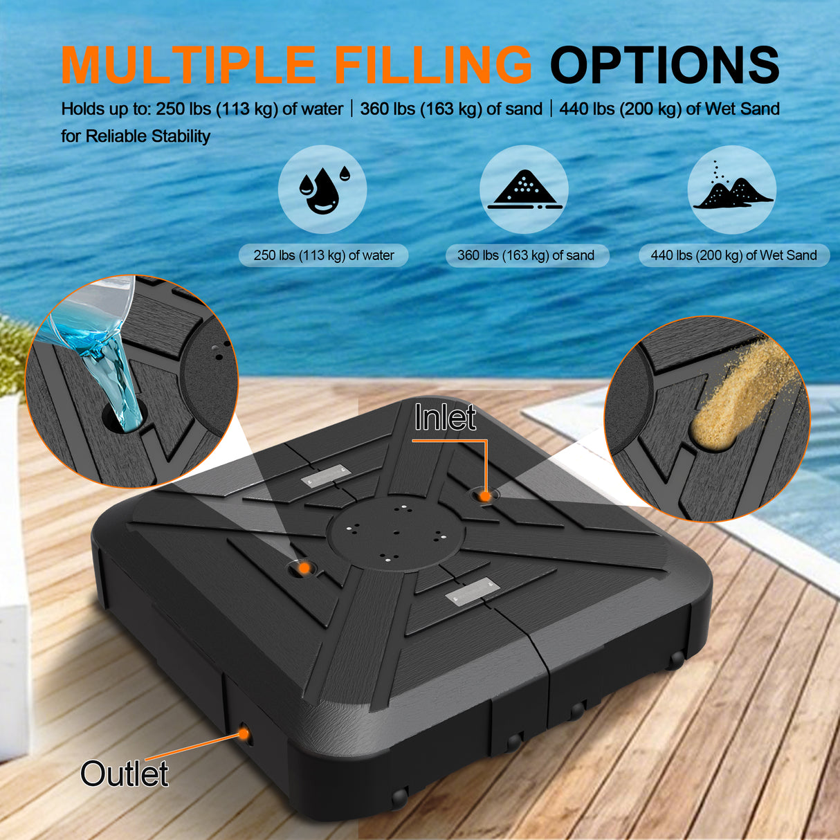 Patioslife Cantilever Umbrella Base with wheels 250–440lb for Aegis Series Umbrella, Heavy-Duty Outdoor Rolling Stand, Refillable HDPE Offset Weights with Wheels for Patio, Garden & Poolside Stability