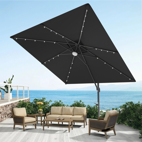 Patioslife Aegis Pro Cantilever Umbrella with LED Lights and Cover, Reinforced & Powder-Coated Aluminium Ribs and Pole — Perfect for Garden & Patio