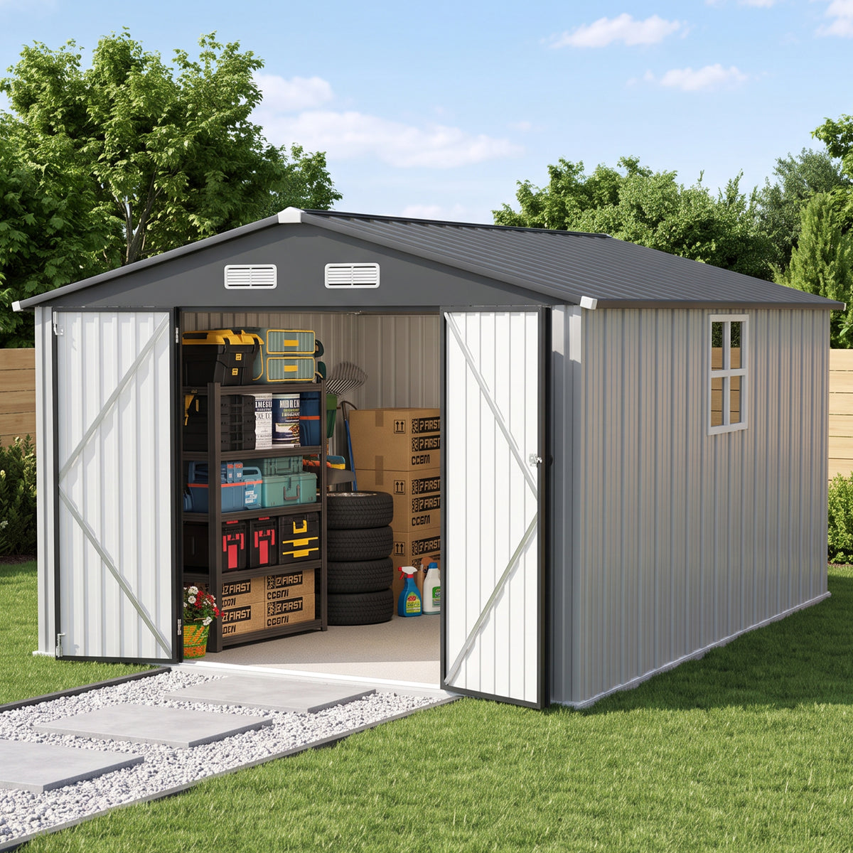 Patioslife YardVault Pro Galvanised Steel Metal Garden Shed with Window, Rust-Resistant Outdoor Tool Shed