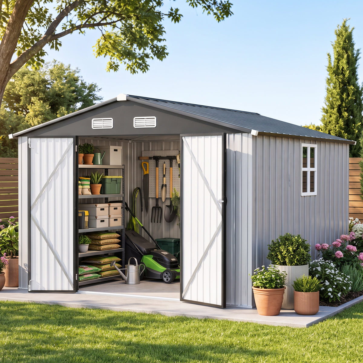 Patioslife YardVault Pro Galvanised Steel Metal Garden Shed with Window, Rust-Resistant Outdoor Tool Shed