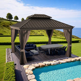 Patioslife Haven Hardtop Gazebo – 4.7" x 4.7" Aluminum Posts, Galvanized Steel Roof with Built-in Drainage Gutters, Double Vented Roof, Curtains & Netting for Backyard or Garden