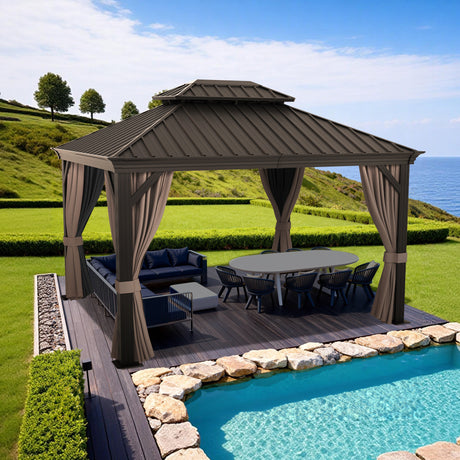 Patioslife Haven Hardtop Gazebo – 4.7" x 4.7" Aluminum Posts, Galvanized Steel Roof with Built-in Drainage Gutters, Double Vented Roof, Curtains & Netting for Backyard or Garden