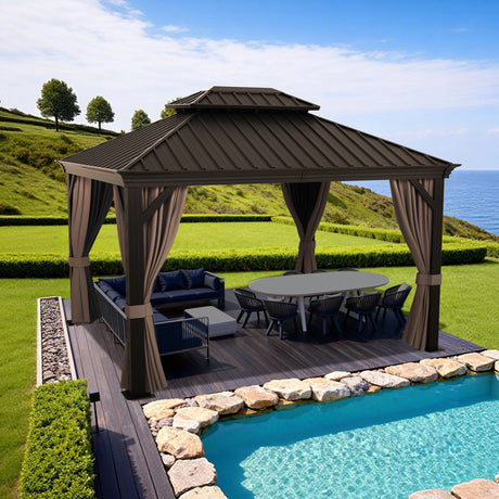 Patioslife Haven | 10' x 12' Grey Hardtop Pergola Gazebo, Aluminium Outdoor Structure with Double Vented Roof & Side Curtains