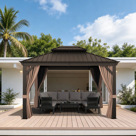 Patioslife Haven Hardtop Gazebo – 4.7" x 4.7" Aluminum Posts, Galvanized Steel Roof with Built-in Drainage Gutters, Double Vented Roof, Curtains & Netting for Backyard or Garden