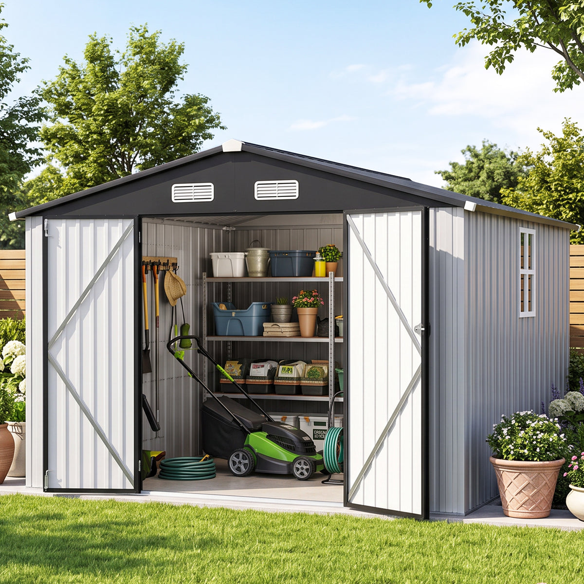 Patioslife YardVault Pro Galvanised Steel Metal Garden Shed with Window, Rust-Resistant Outdoor Tool Shed