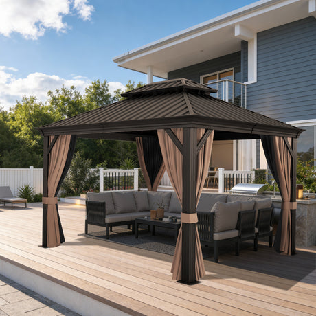 Patioslife Haven Hardtop Gazebo – 4.7" x 4.7" Aluminum Posts, Galvanized Steel Roof with Built-in Drainage Gutters, Double Vented Roof, Curtains & Netting for Backyard or Garden