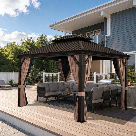 Patioslife Haven | 10'x 14' Aluminium Hardtop Pergola Gazebo for Patio, Double Vented Roof, Curtains & Sturdy Frame