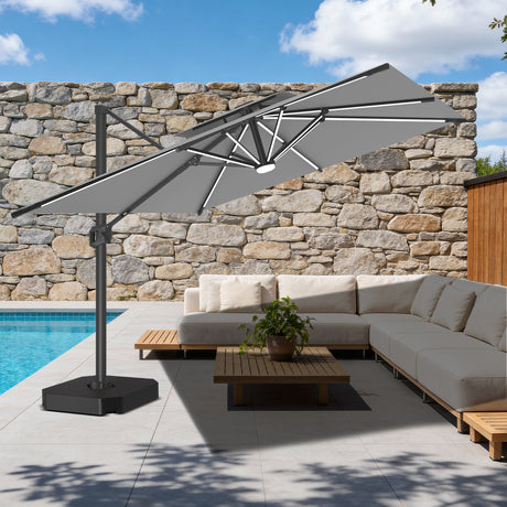 Patioslife Aegis Premium Cantilever Umbrella with Full-Rib LED Strip Lighting, Fibreglass Ribs and Powder-Coated Aluminium Pole for Luxury Garden & Patio Shade