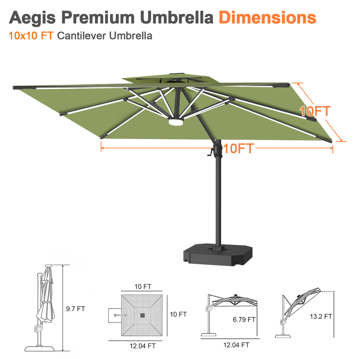 Patioslife Aegis Premium Cantilever Umbrella with Full-Rib LED Strip Lighting, Fibreglass Ribs and Powder-Coated Aluminium Pole for Luxury Garden & Patio Shade