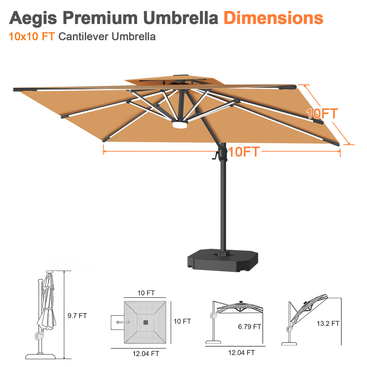 Patioslife Aegis Premium Cantilever Umbrella with Full-Rib LED Strip Lighting, Fibreglass Ribs and Powder-Coated Aluminium Pole for Luxury Garden & Patio Shade