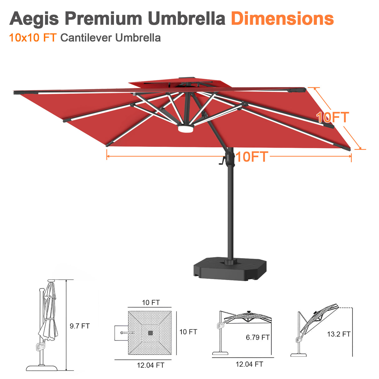 Patioslife Aegis Premium Cantilever Umbrella with Full-Rib LED Strip Lighting, Fibreglass Ribs and Powder-Coated Aluminium Pole for Luxury Garden & Patio Shade
