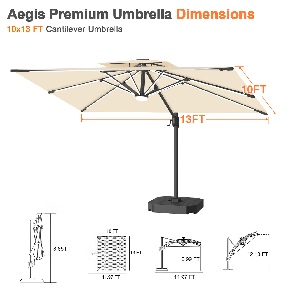 Patioslife Aegis Premium Cantilever Umbrella with Full-Rib LED Strip Lighting, Fibreglass Ribs and Powder-Coated Aluminium Pole for Luxury Garden & Patio Shade