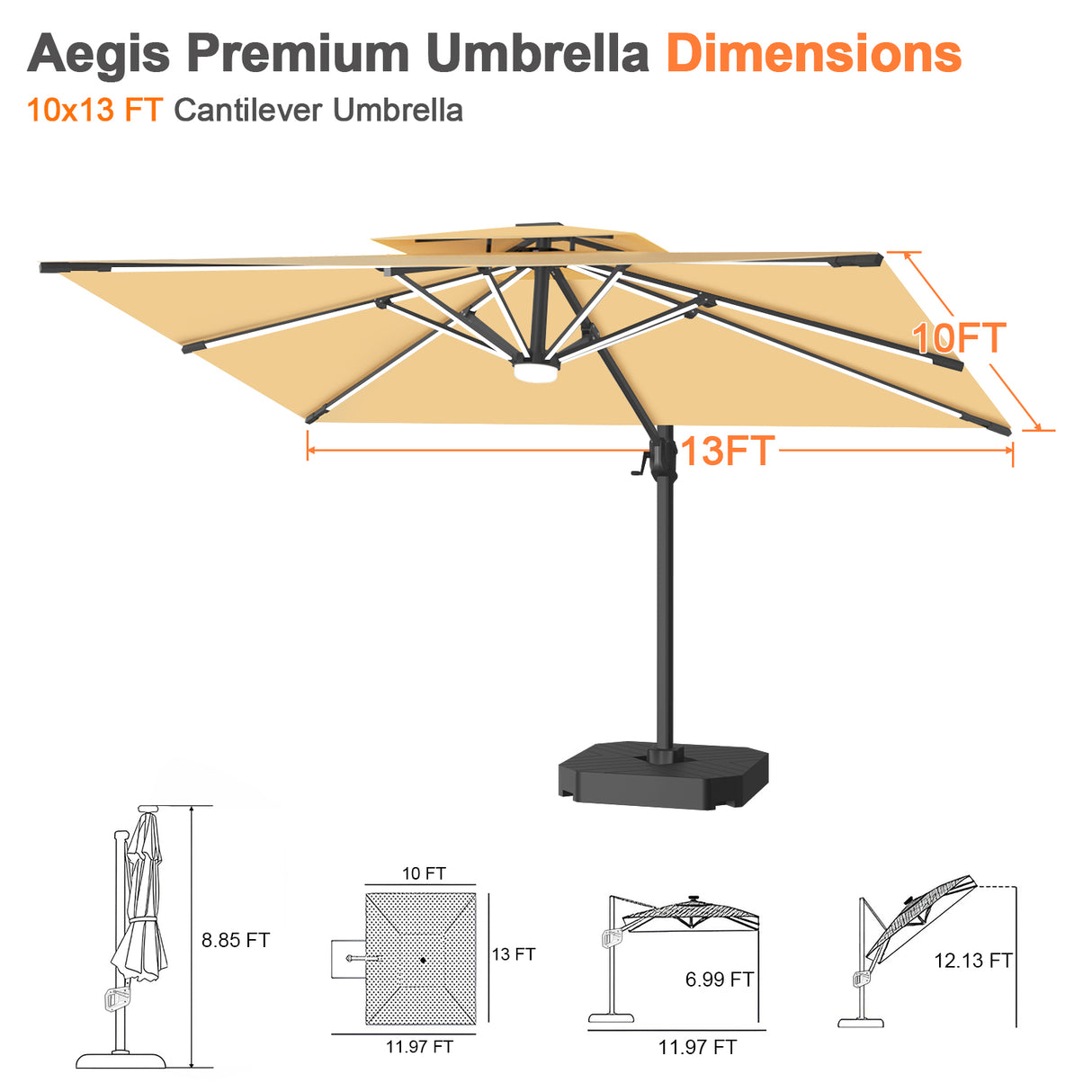 Patioslife Aegis Premium Cantilever Umbrella with Full-Rib LED Strip Lighting, Fibreglass Ribs and Powder-Coated Aluminium Pole for Luxury Garden & Patio Shade