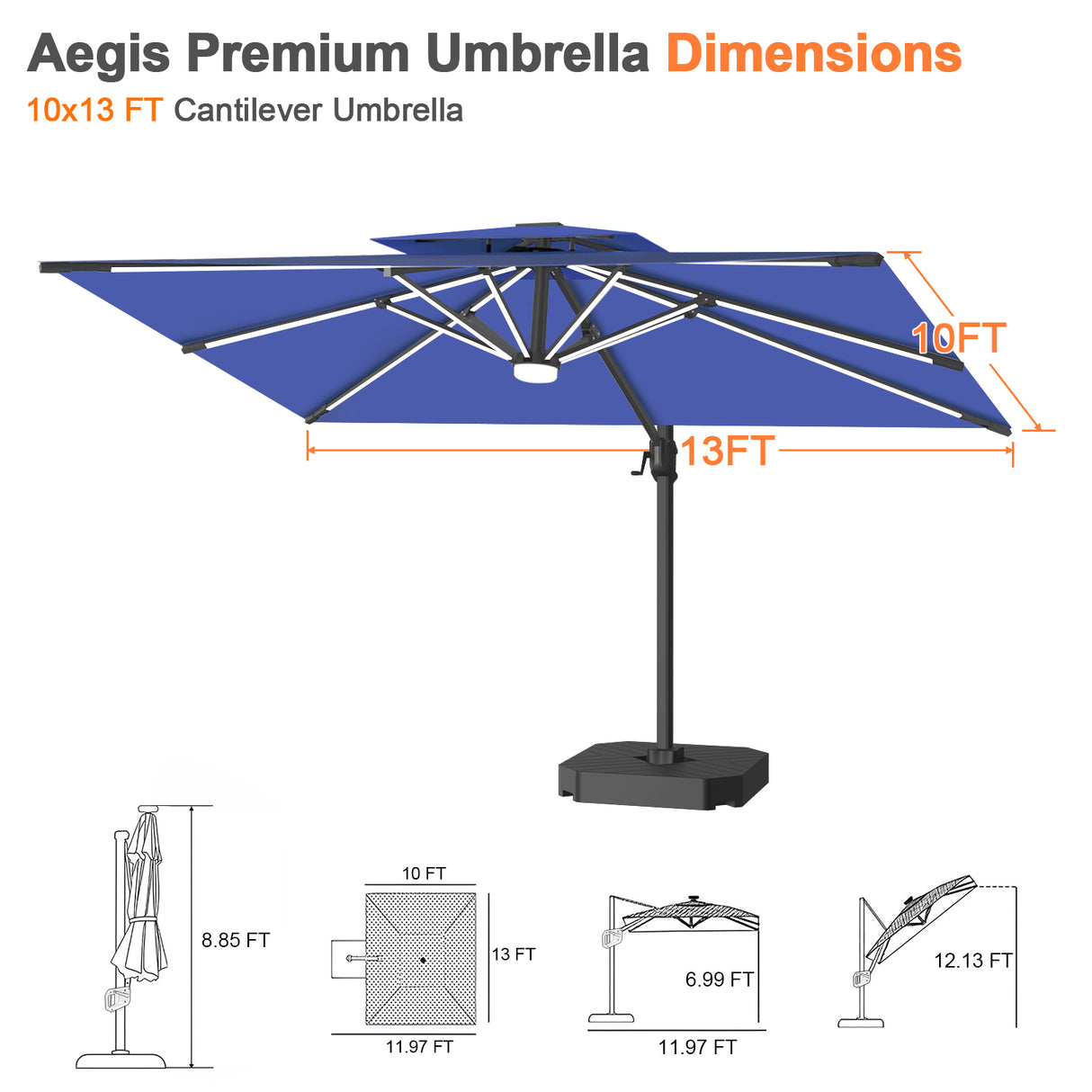 Patioslife Aegis Premium Cantilever Umbrella with Full-Rib LED Strip Lighting, Fibreglass Ribs and Powder-Coated Aluminium Pole for Luxury Garden & Patio Shade