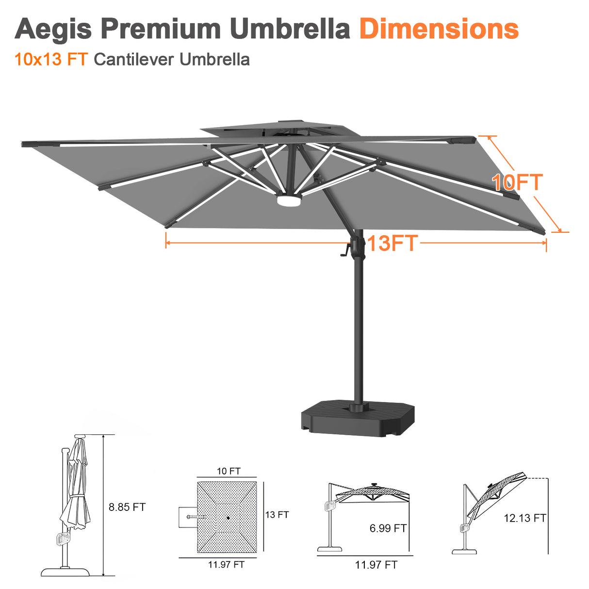 Patioslife Aegis Premium Cantilever Umbrella with Full-Rib LED Strip Lighting, Fibreglass Ribs and Powder-Coated Aluminium Pole for Luxury Garden & Patio Shade