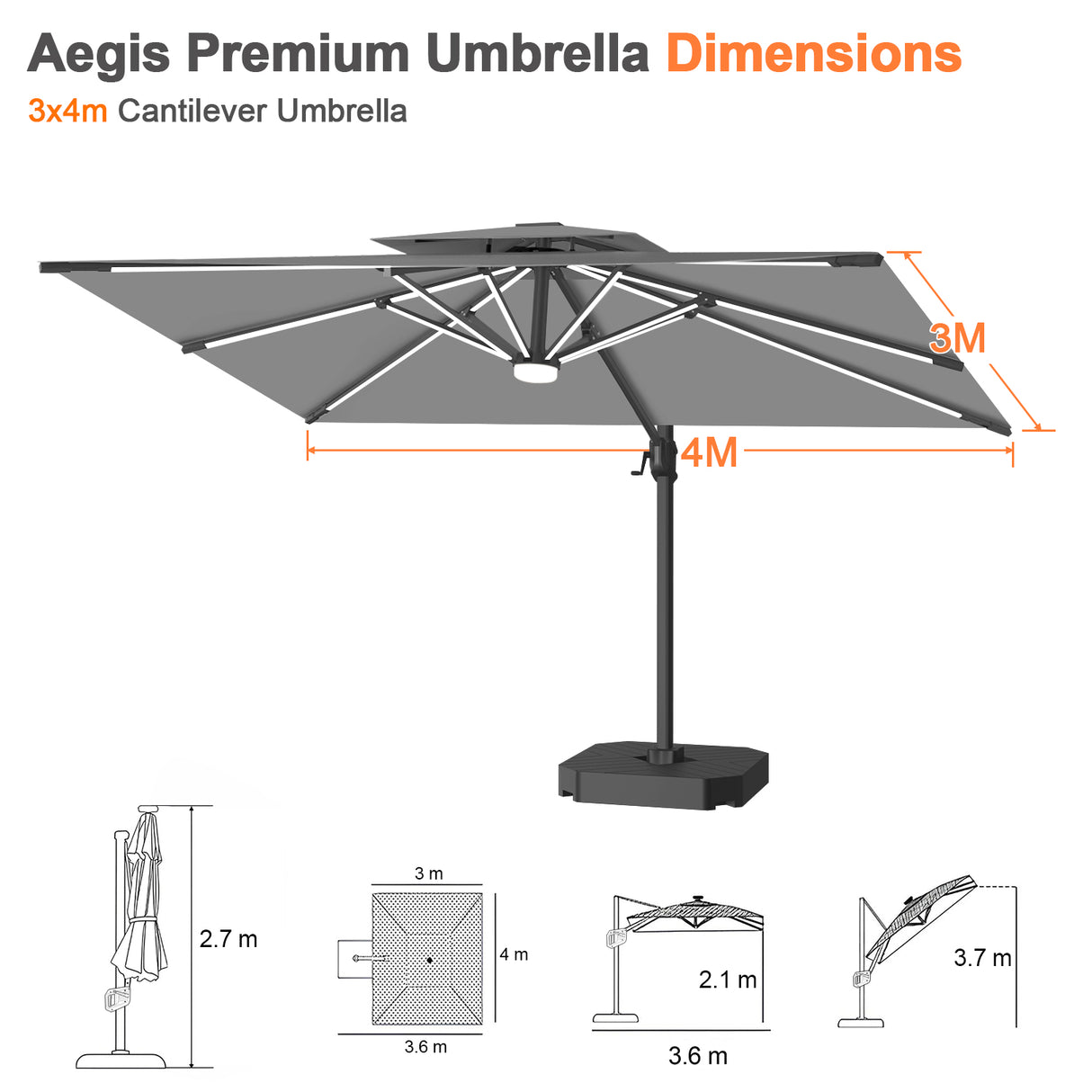 Patioslife Aegis Premium Cantilever Umbrella with Full-Rib LED Strip Lighting, Fibreglass Ribs and Powder-Coated Aluminium Pole for Luxury Garden & Patio Shade