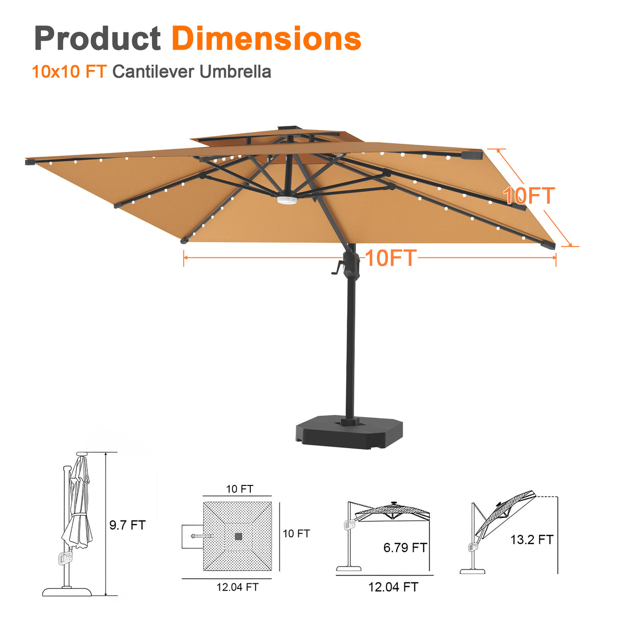 Patioslife Aegis Pro Cantilever Umbrella with LED Lights, Reinforced & Powder-Coated Aluminium Ribs and Pole — Perfect for Garden & Patio