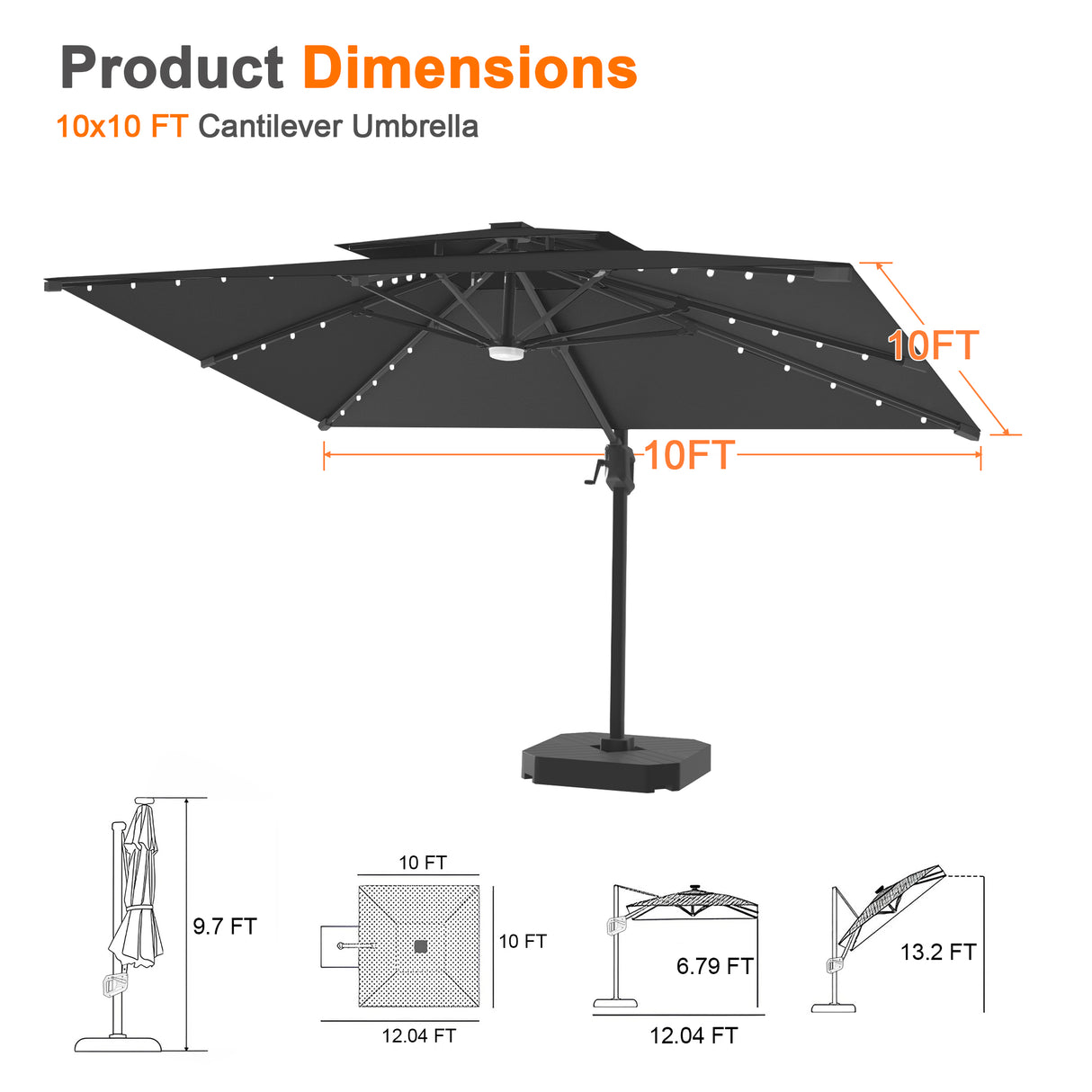 Patioslife Aegis Pro Cantilever Umbrella with LED Lights, Reinforced & Powder-Coated Aluminium Ribs and Pole — Perfect for Garden & Patio