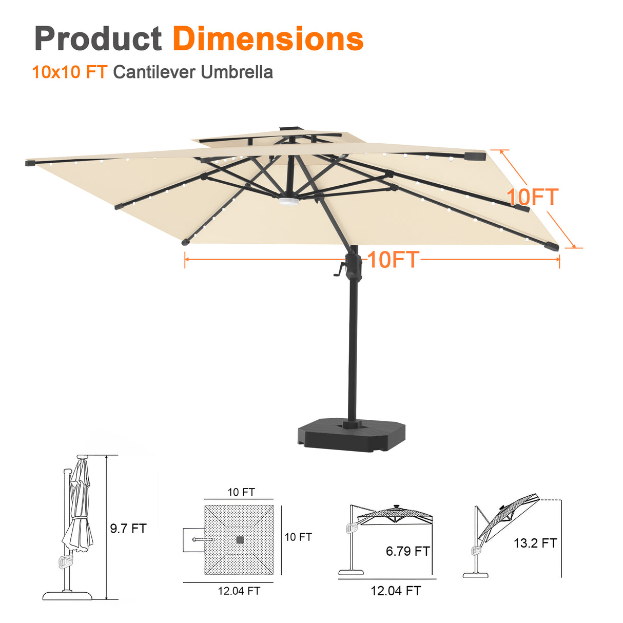Patioslife Aegis Pro Cantilever Umbrella with LED Lights, Reinforced & Powder-Coated Aluminium Ribs and Pole — Perfect for Garden & Patio