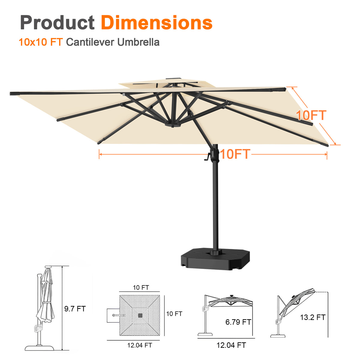 Patioslife Aegis Pro Cantilever Umbrella, Reinforced & Powder-Coated Aluminium Ribs and Pole for Garden & Patio