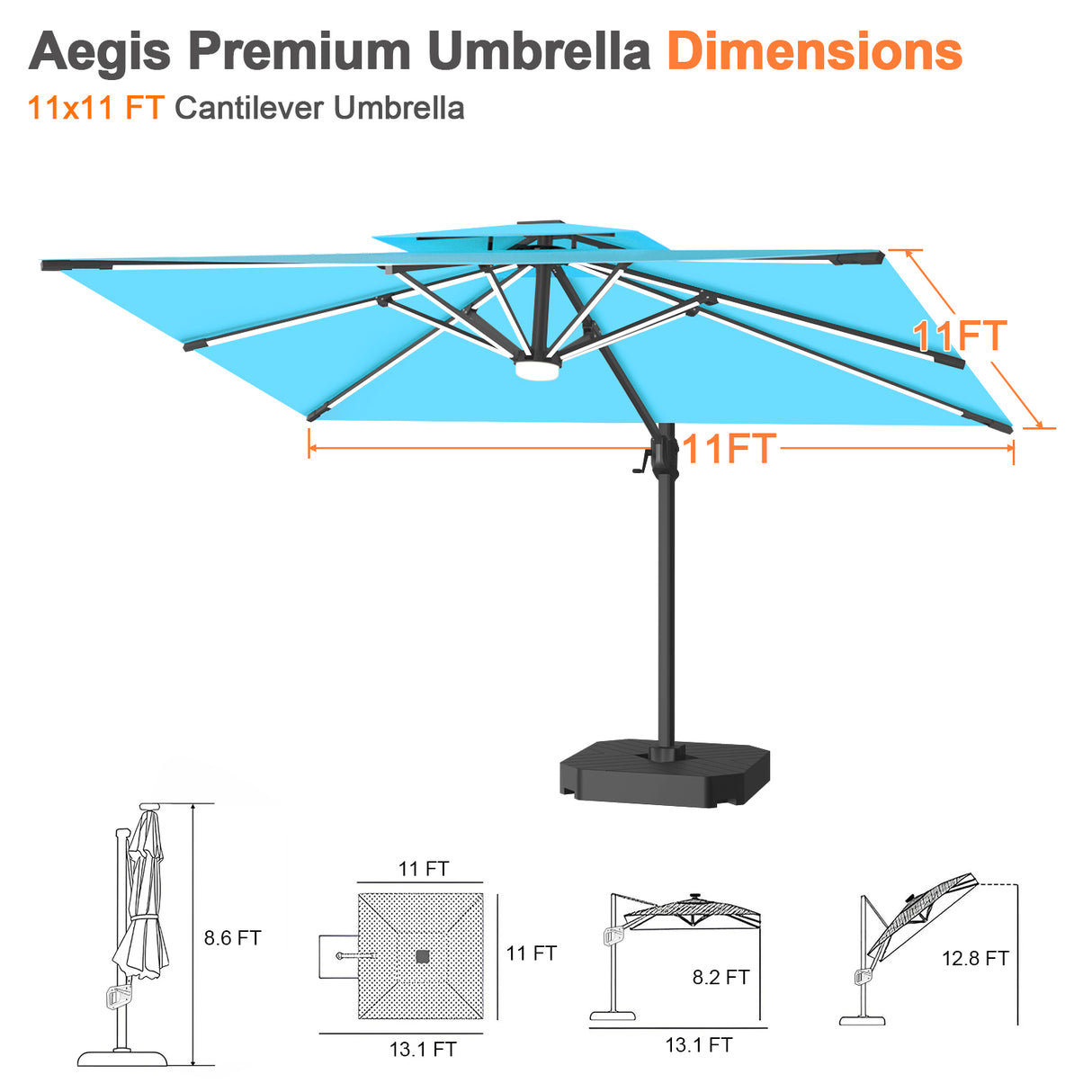 Patioslife Aegis Premium Cantilever Umbrella with Full-Rib LED Strip Lighting, Fibreglass Ribs and Powder-Coated Aluminium Pole for Luxury Garden & Patio Shade