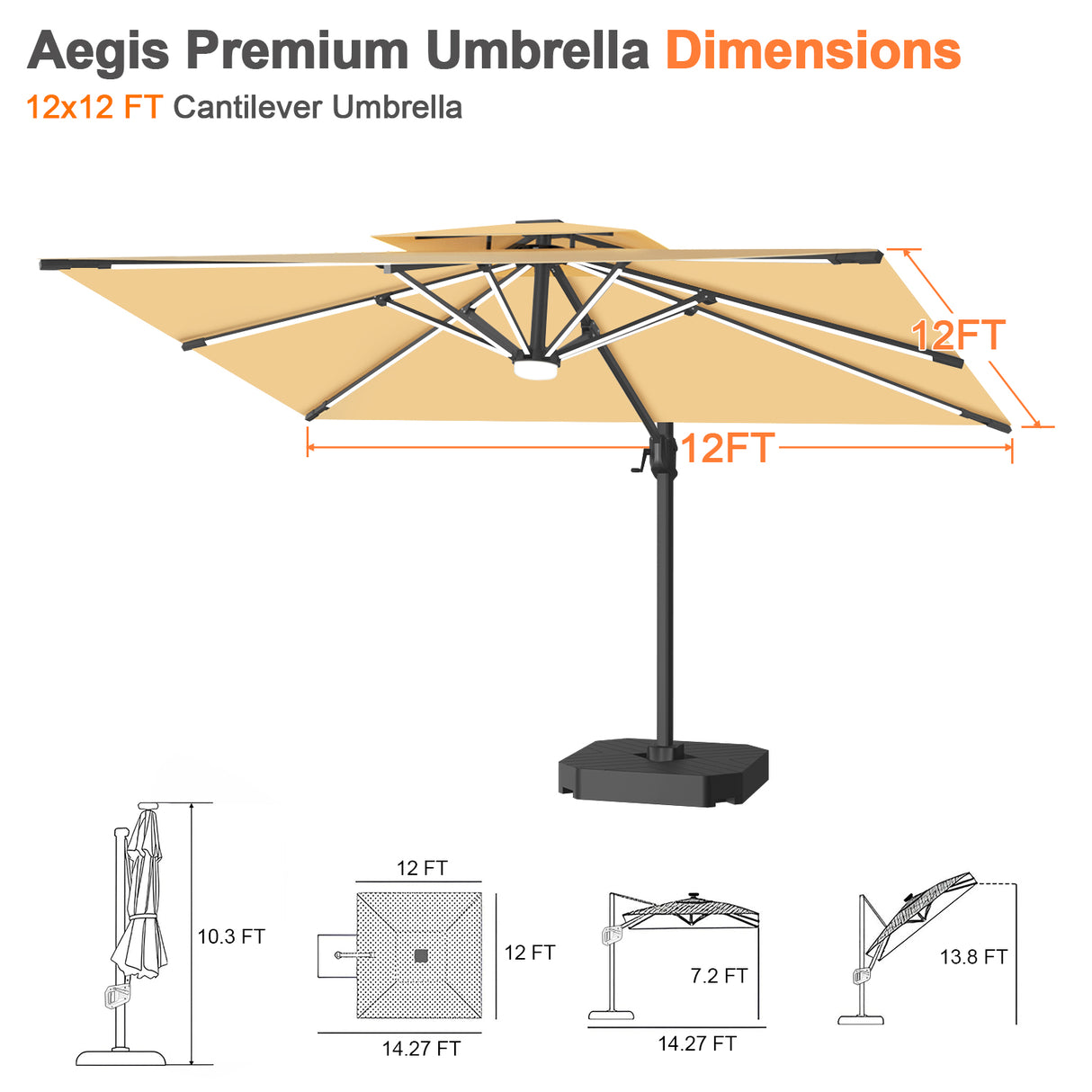 Patioslife Aegis Premium Cantilever Umbrella with Full-Rib LED Strip Lighting, Fibreglass Ribs and Powder-Coated Aluminium Pole for Luxury Garden & Patio Shade