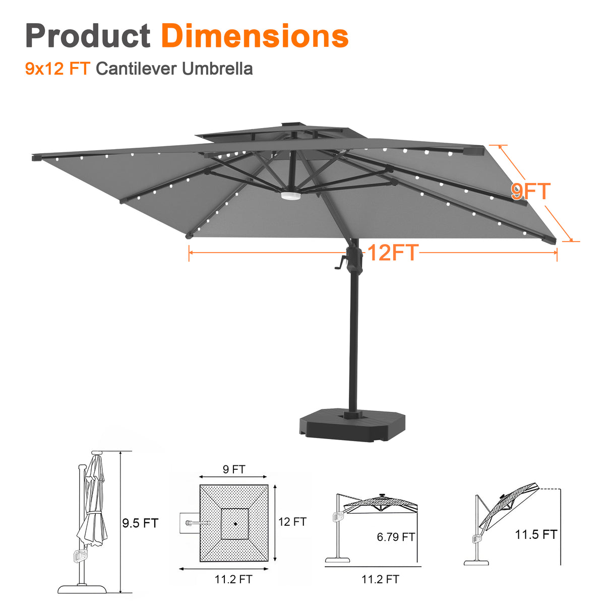 Patioslife Aegis Pro Cantilever Umbrella with LED Lights, Reinforced & Powder-Coated Aluminium Ribs and Pole — Perfect for Garden & Patio