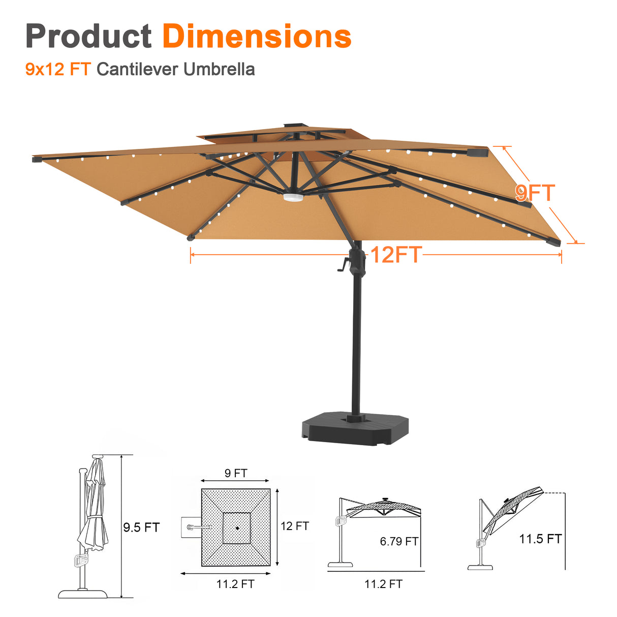 Patioslife Aegis Pro Cantilever Umbrella with LED Lights, Reinforced & Powder-Coated Aluminium Ribs and Pole — Perfect for Garden & Patio