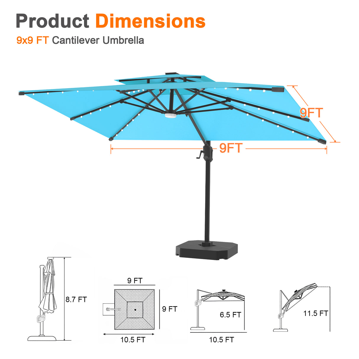 Patioslife Aegis Pro Cantilever Umbrella with LED Lights, Reinforced & Powder-Coated Aluminium Ribs and Pole — Perfect for Garden & Patio