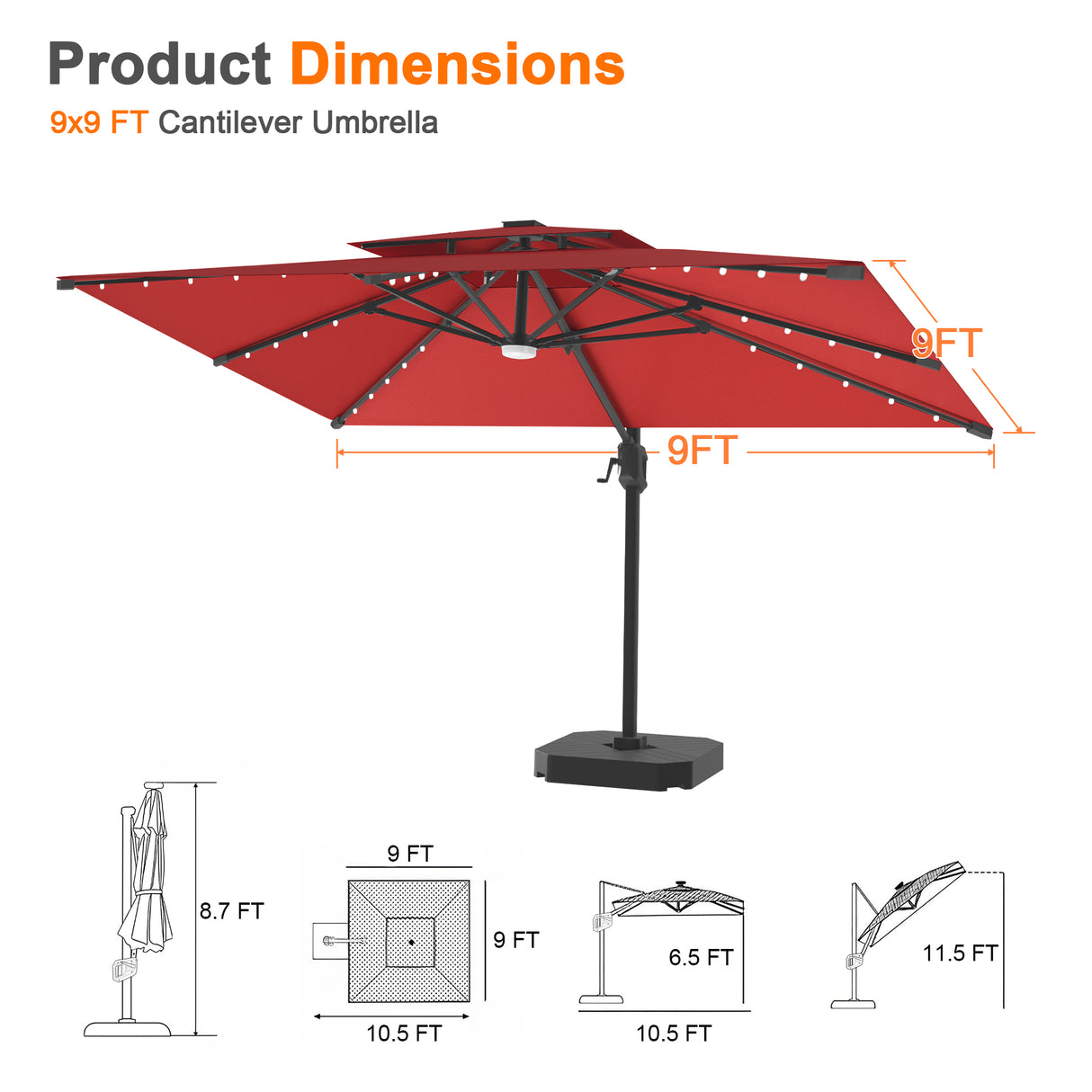 Patioslife Aegis Pro Cantilever Umbrella with LED Lights, Reinforced & Powder-Coated Aluminium Ribs and Pole — Perfect for Garden & Patio