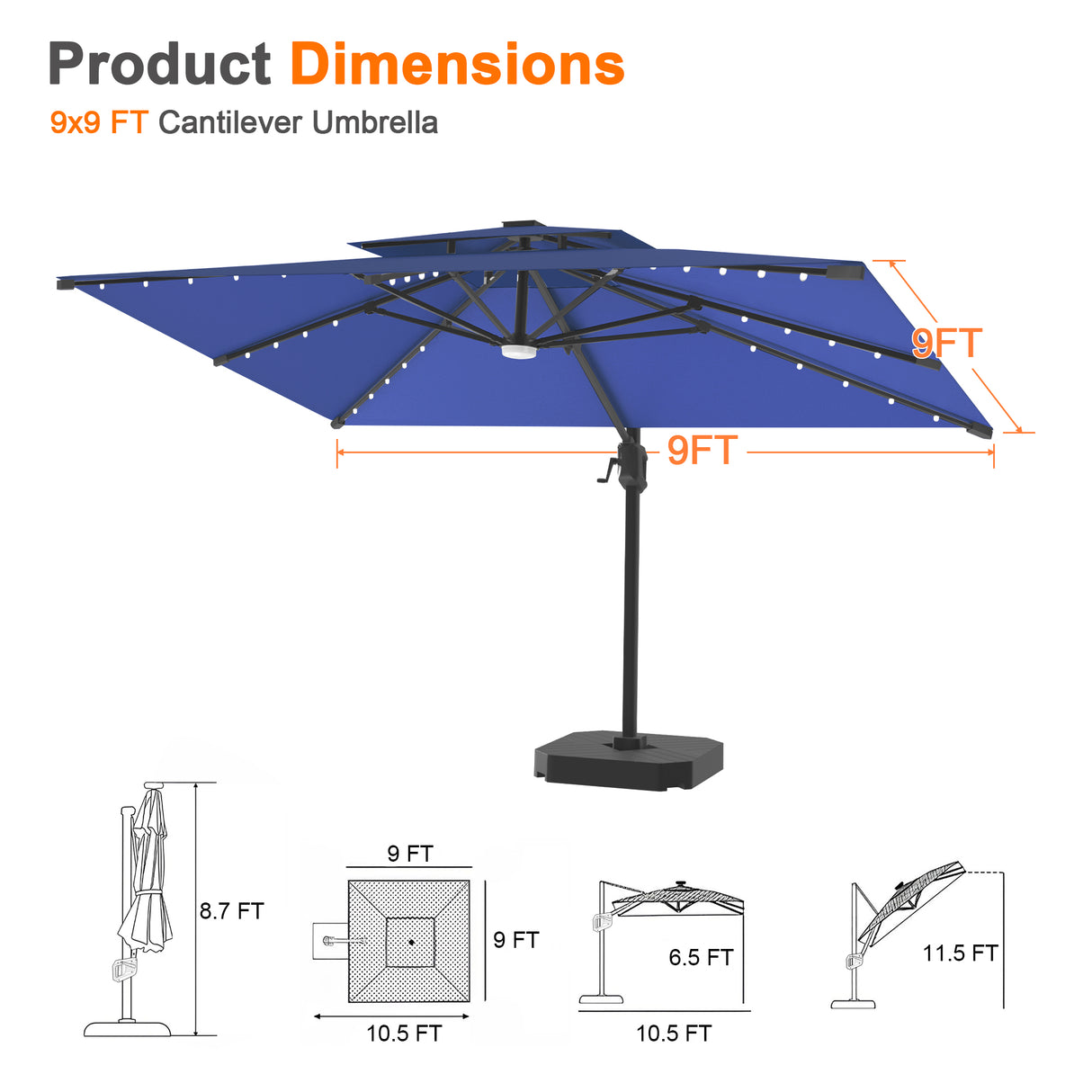Patioslife Aegis Pro Cantilever Umbrella with LED Lights, Reinforced & Powder-Coated Aluminium Ribs and Pole — Perfect for Garden & Patio