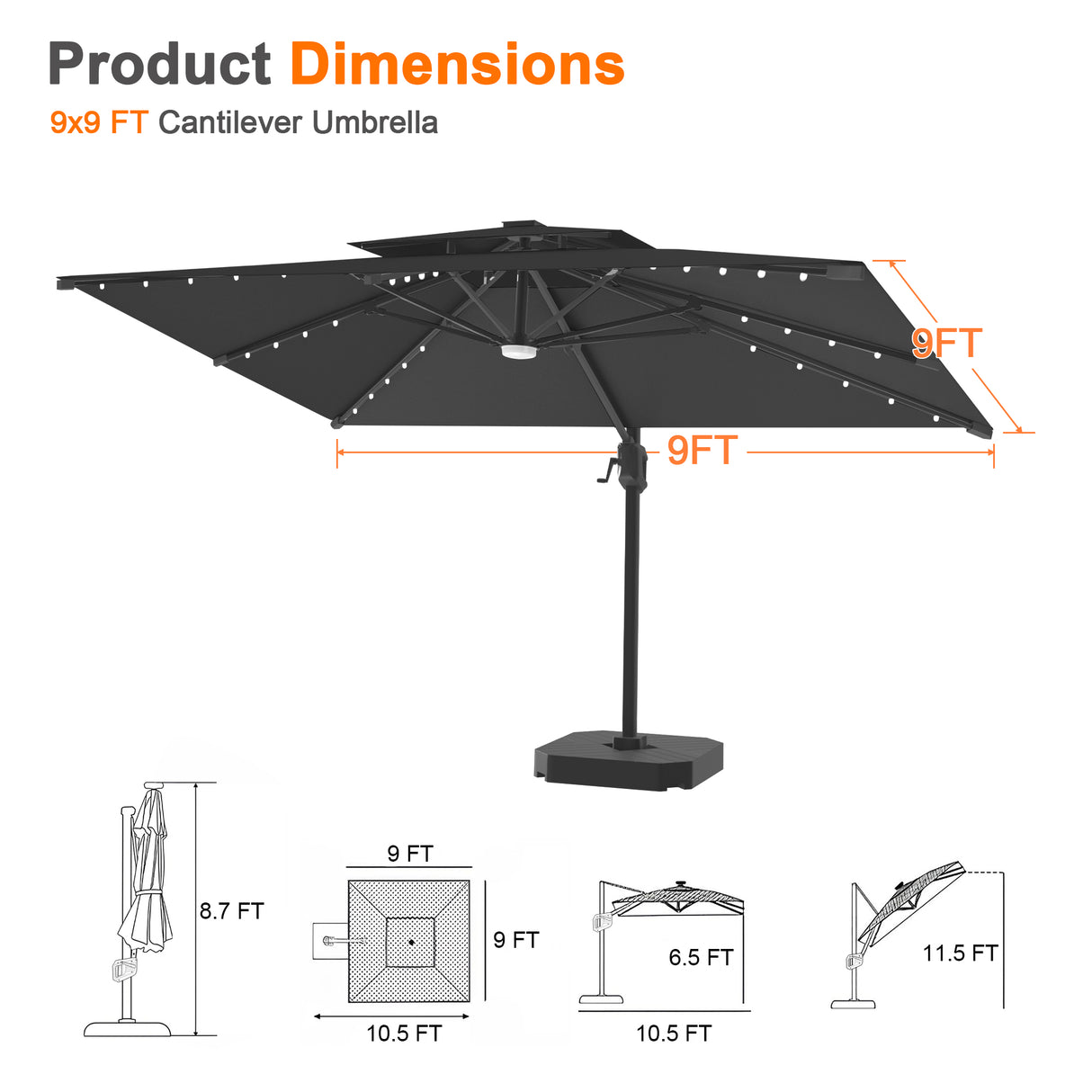 Patioslife Aegis Pro Cantilever Umbrella with LED Lights, Reinforced & Powder-Coated Aluminium Ribs and Pole — Perfect for Garden & Patio