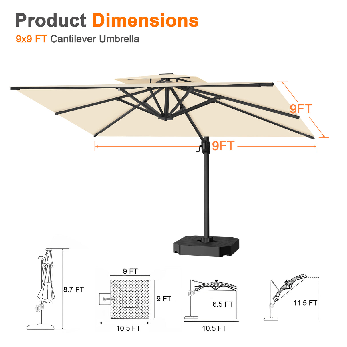 Patioslife Aegis Pro Cantilever Umbrella, Reinforced & Powder-Coated Aluminium Ribs and Pole for Garden & Patio