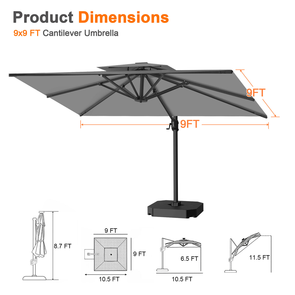 Patioslife Aegis Pro Cantilever Umbrella, Reinforced & Powder-Coated Aluminium Ribs and Pole for Garden & Patio