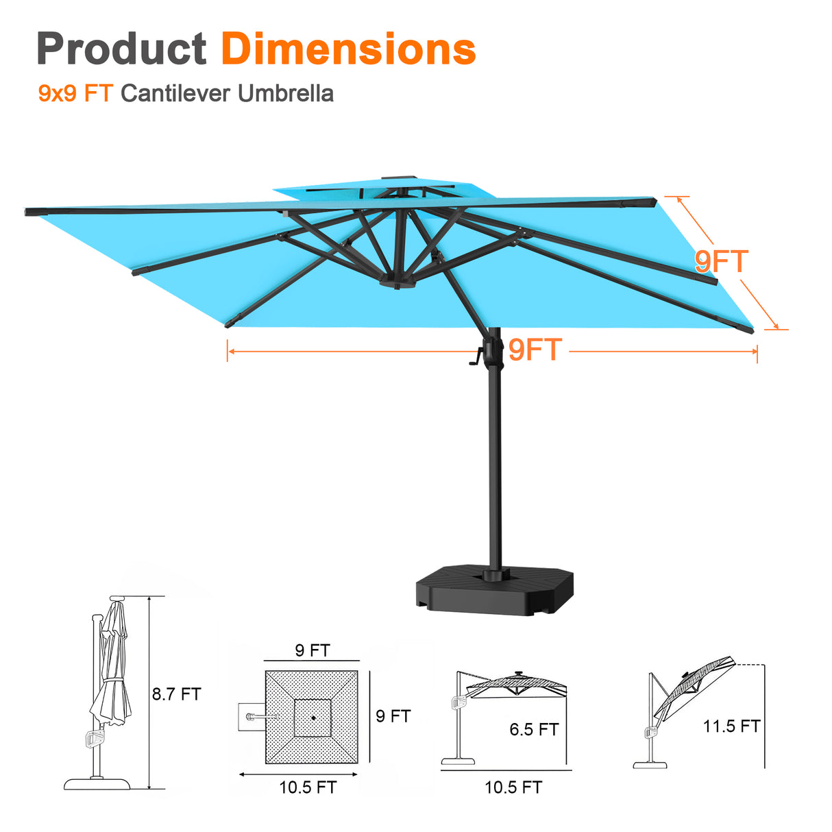 Patioslife Aegis Pro Cantilever Umbrella, Reinforced & Powder-Coated Aluminium Ribs and Pole for Garden & Patio