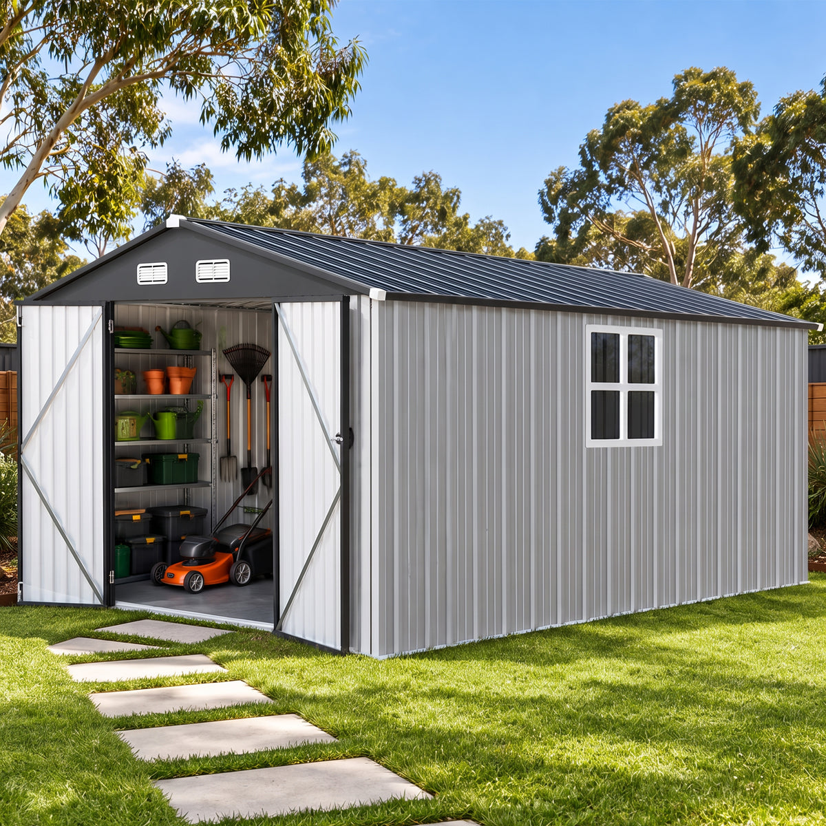 Patioslife YardVault Pro Galvanised Steel Metal Garden Shed with Window, Rust-Resistant Outdoor Tool Shed