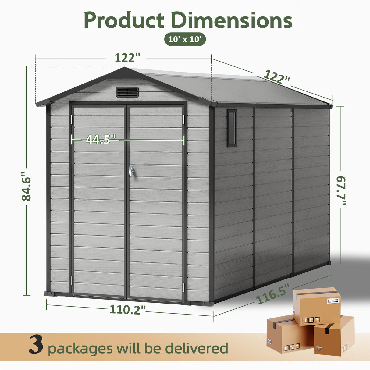 Patioslife YardVault 10x10ft resin garden storage shed dimension guide with wide double doors, side window and three-package delivery