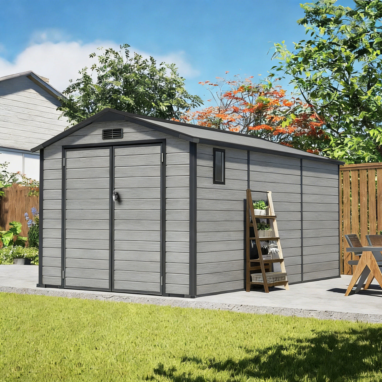 Patioslife YardVault 10x10ft resin garden storage shed with built-in floor, lockable double doors and side window in a spacious backyard
