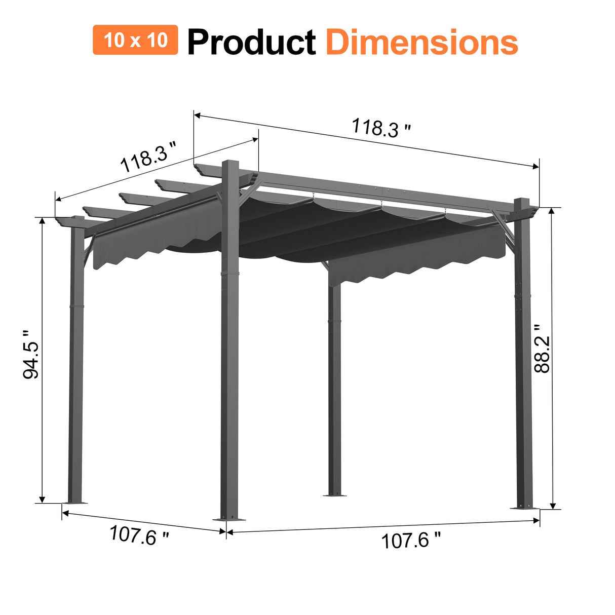 10x10 ft charcoal Patioslife Atlantic retractable pergola dimension diagram with adjustable canopy and reinforced frame
